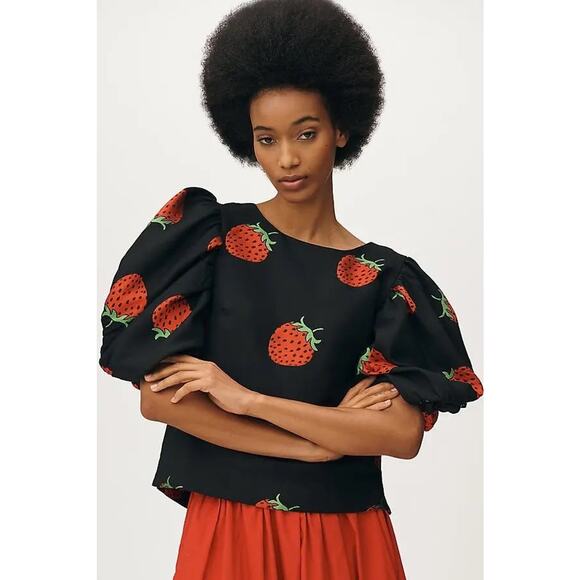 Anthropologie Tops - Anthropologie Maeve Puff Sleeve Strawberry Blouse NWT Medium